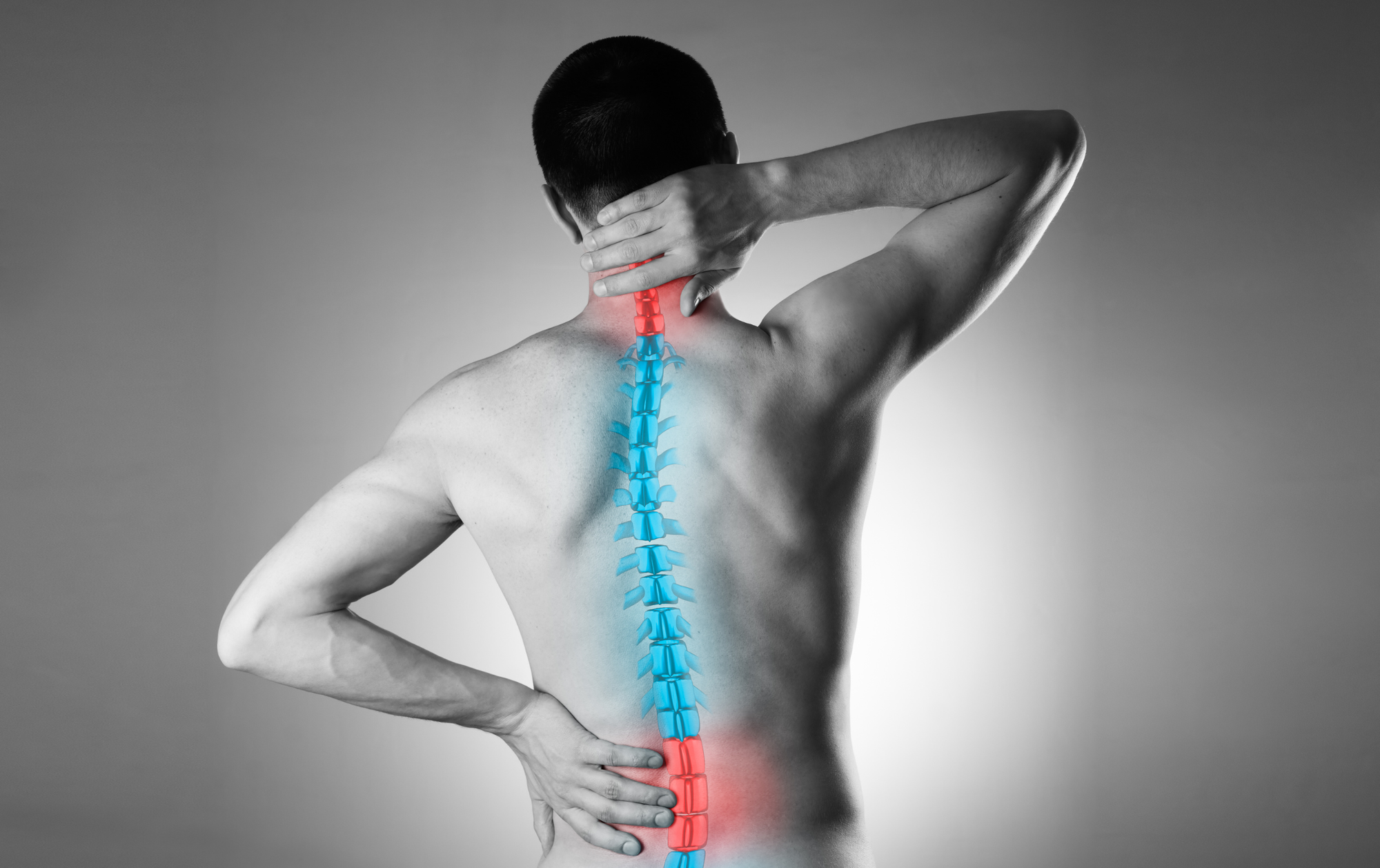 Man with sore back and spinal column superimposed over image.