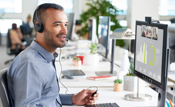 man working engaged in web call