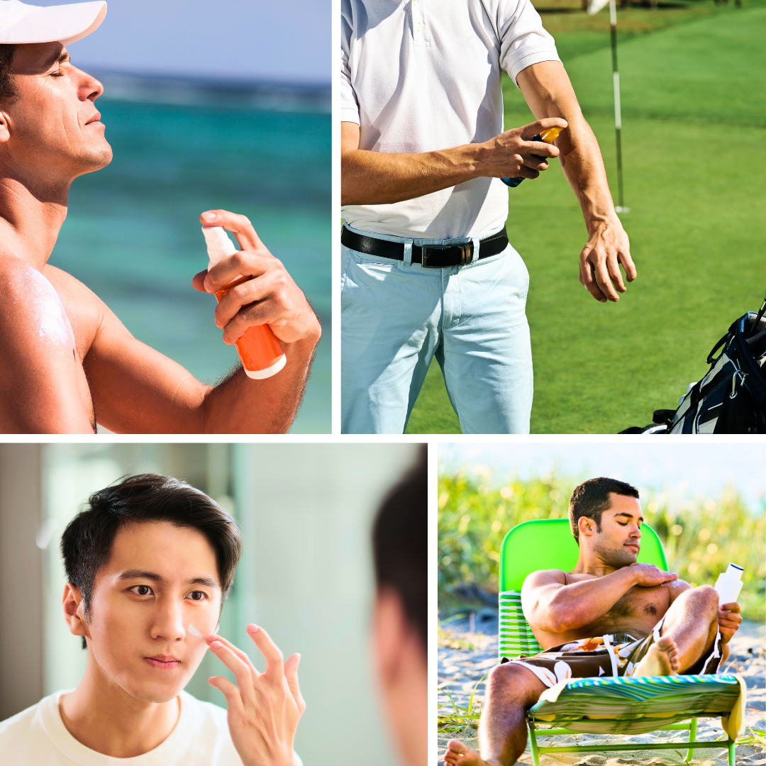 Men Applying Sunscreen in bathroom, beach and golf course