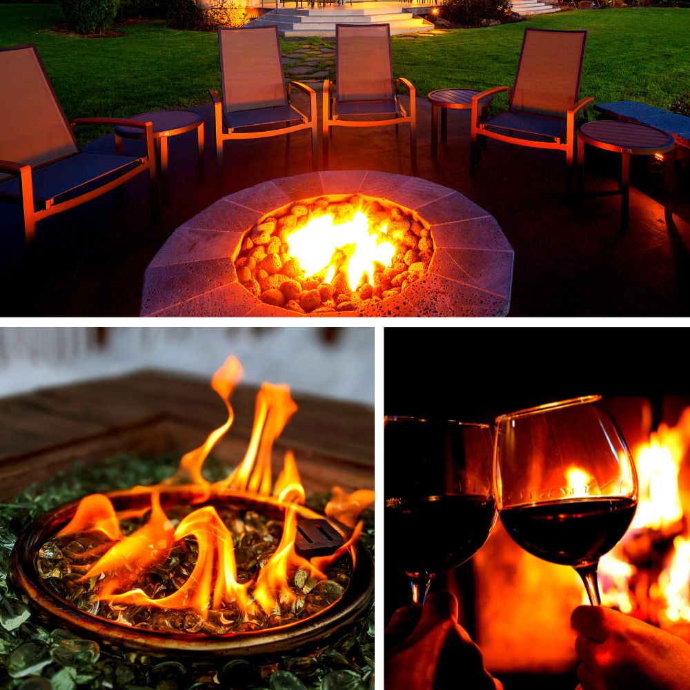 Close-ups of fire pits and wine glasses