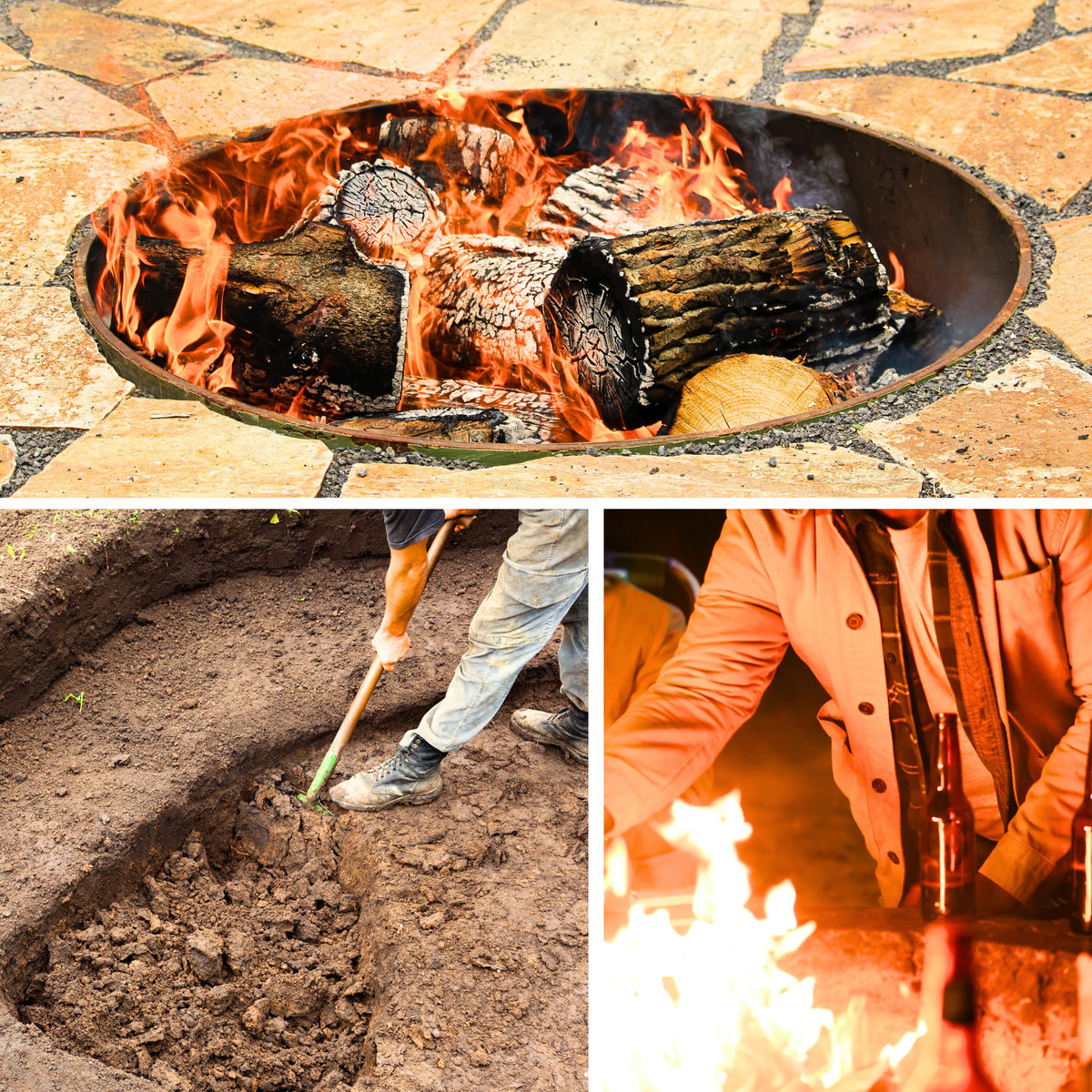 Digging hole for a fire pit, sunken fire pit with burning wood, man enjoying fire pit