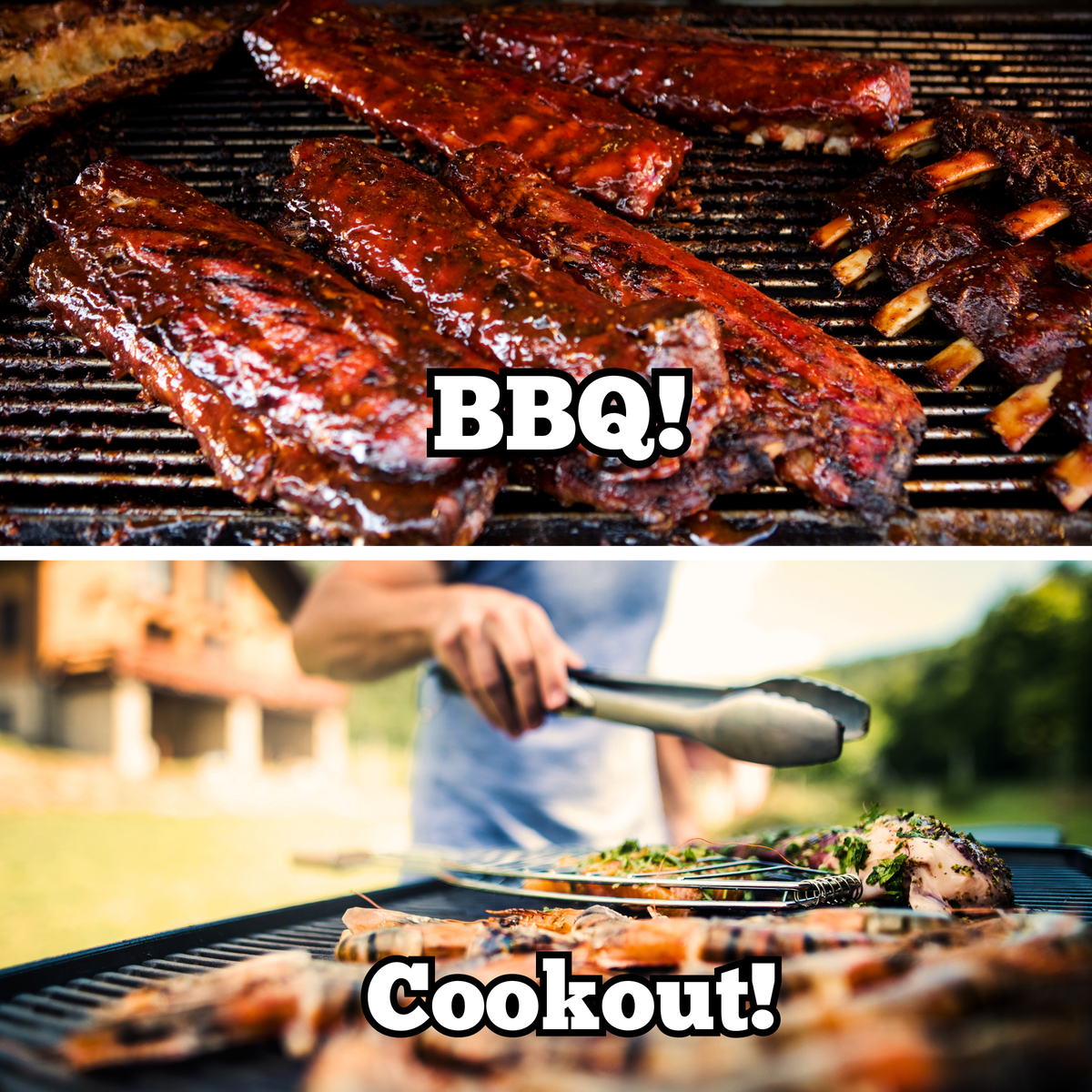 Picture of BBQ ribs and bottom picture is grilling chicken at a cookout.