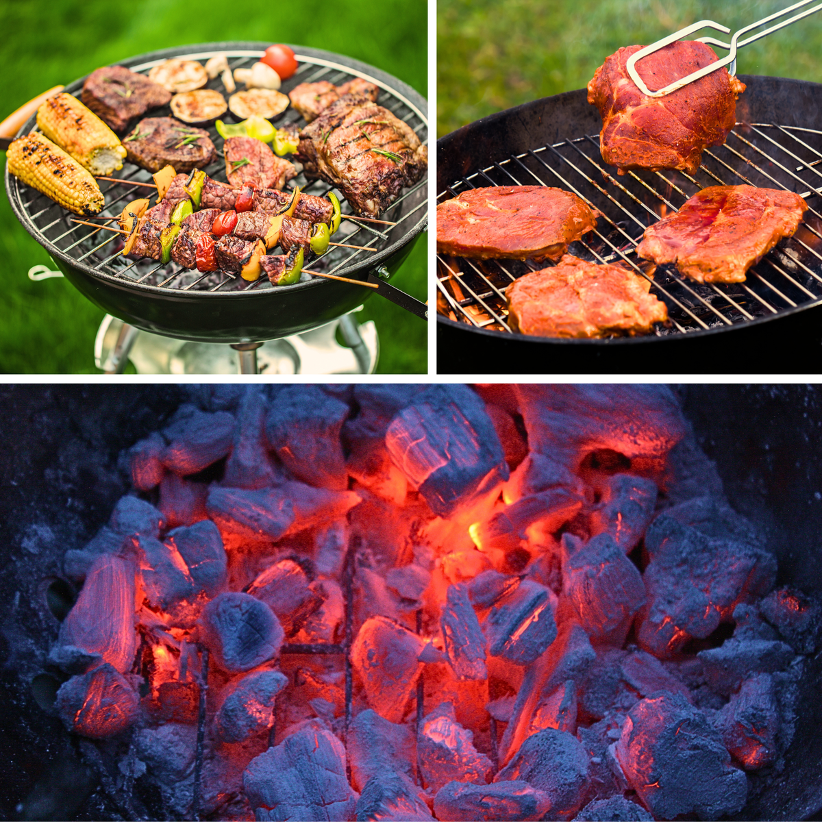 Grill with cooked meats and veggies, new steaks on grill, hot coals burning.