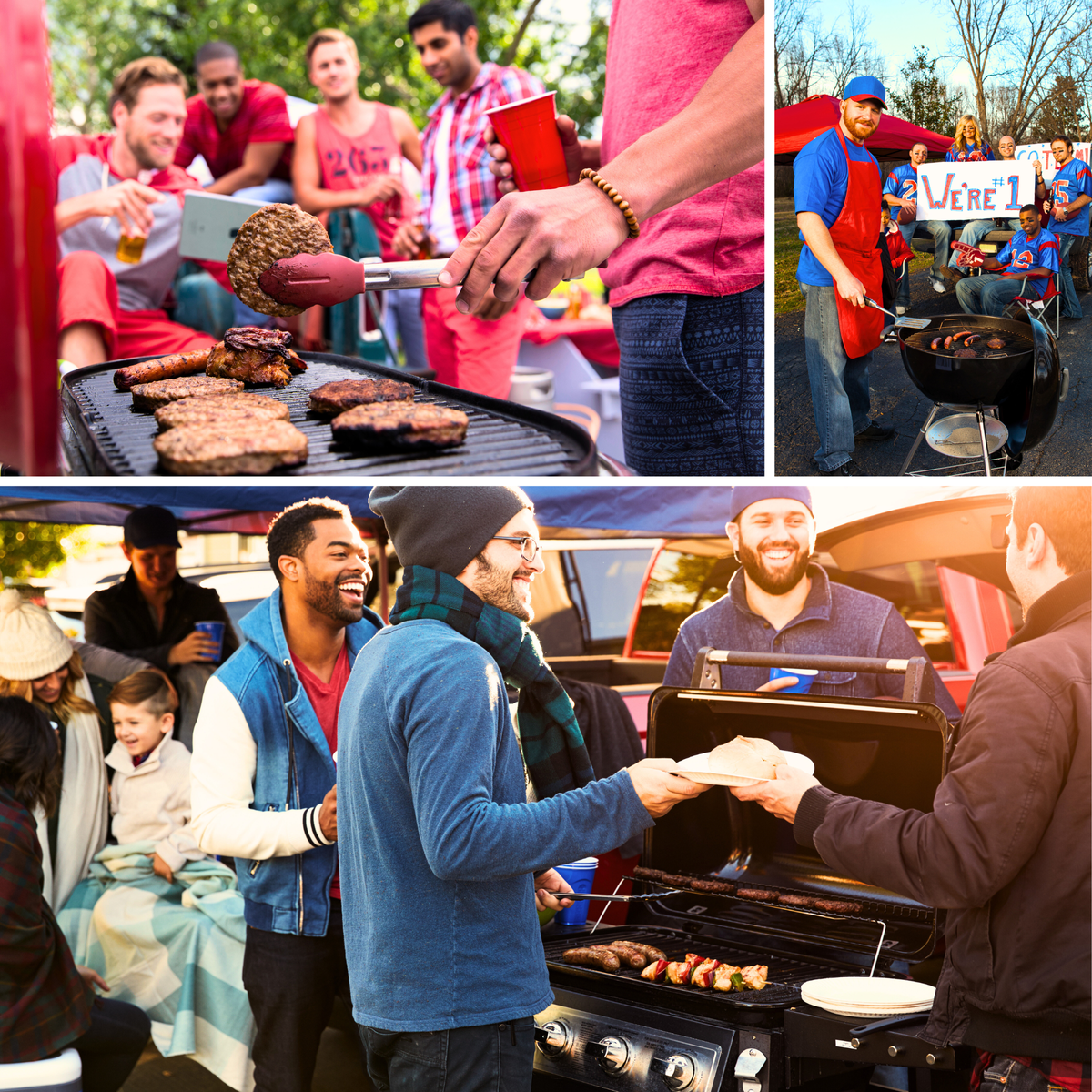 3 Pictures of people tailgating and grilling with friends