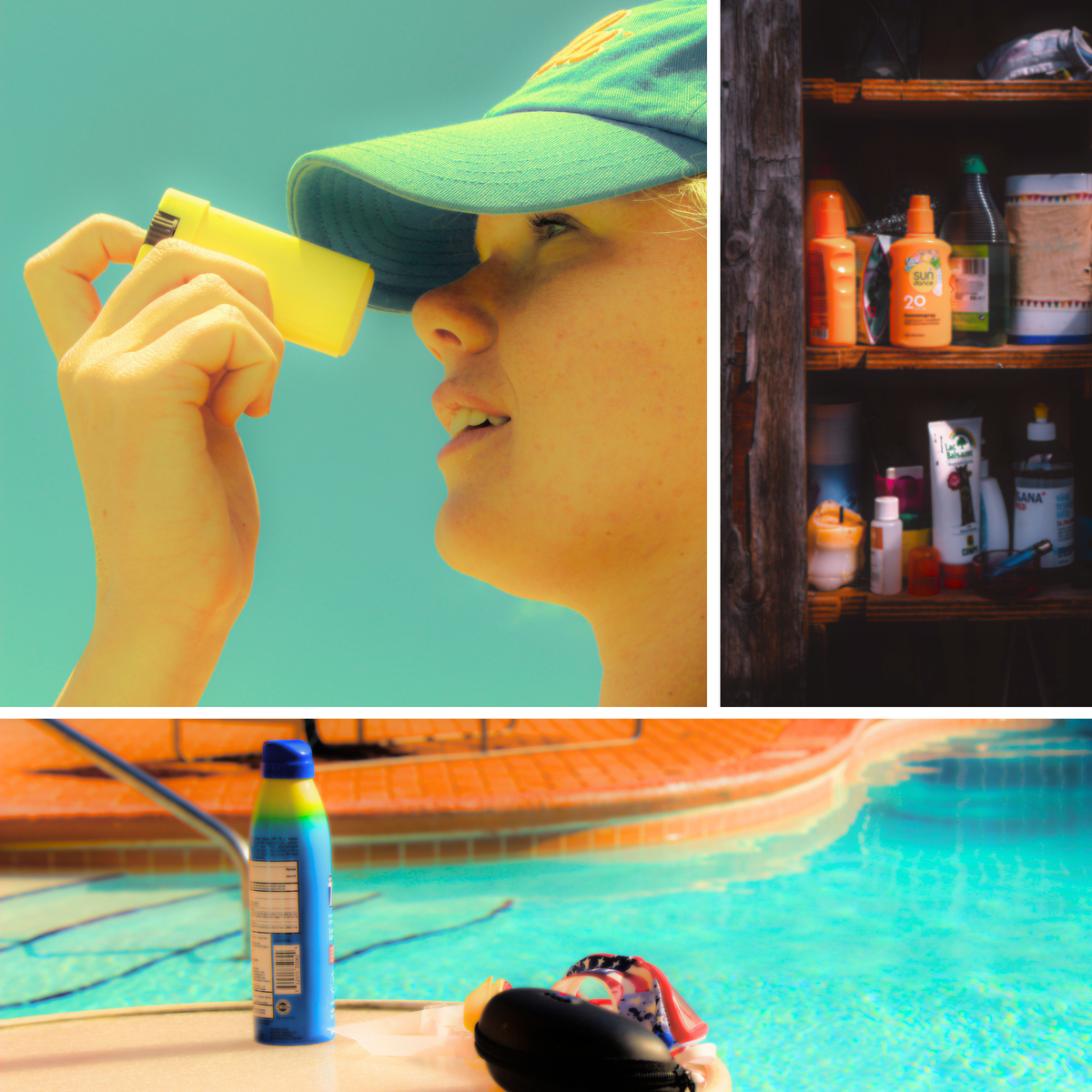 Person applying sun stick, cabinet of sunblock, pool with sunscreen spray bottle