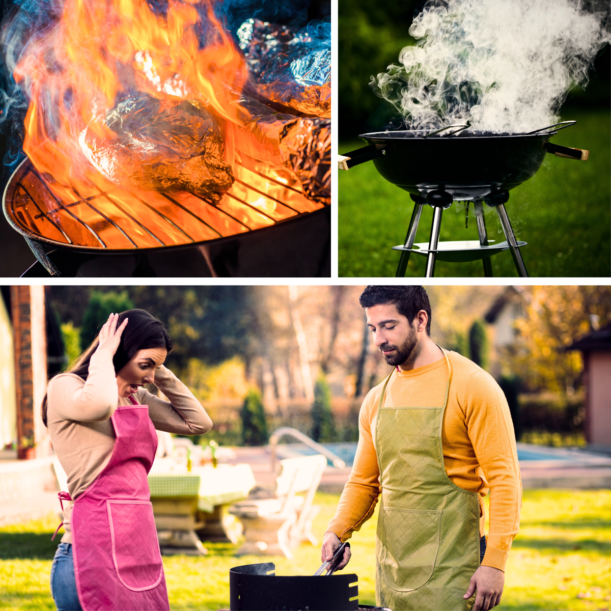 Grill on fire, smoky grill, couple dismayed over grill failure
