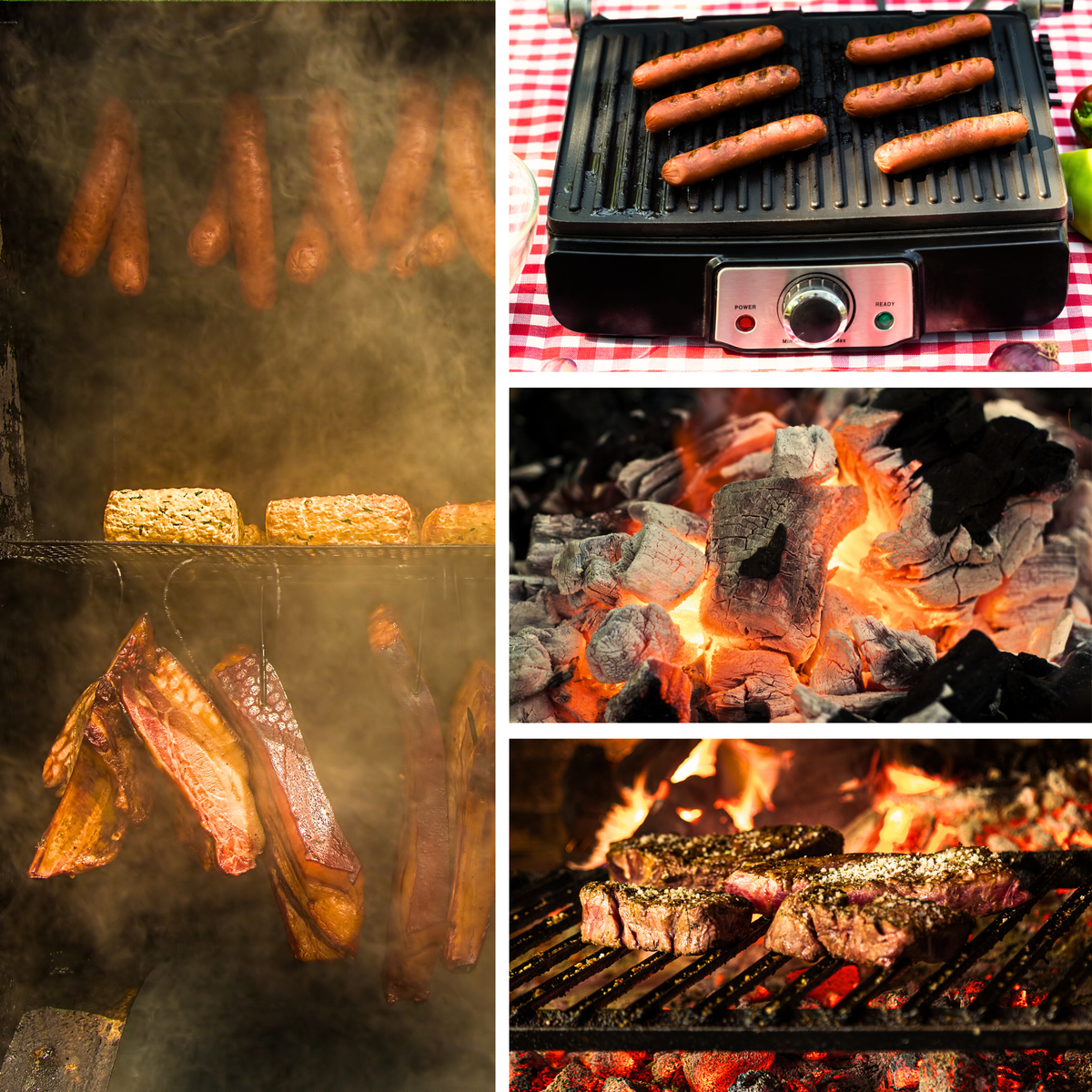 Smoked meats in smoker, electric grill with hotdogs, open hot coals, steaks on grill grate