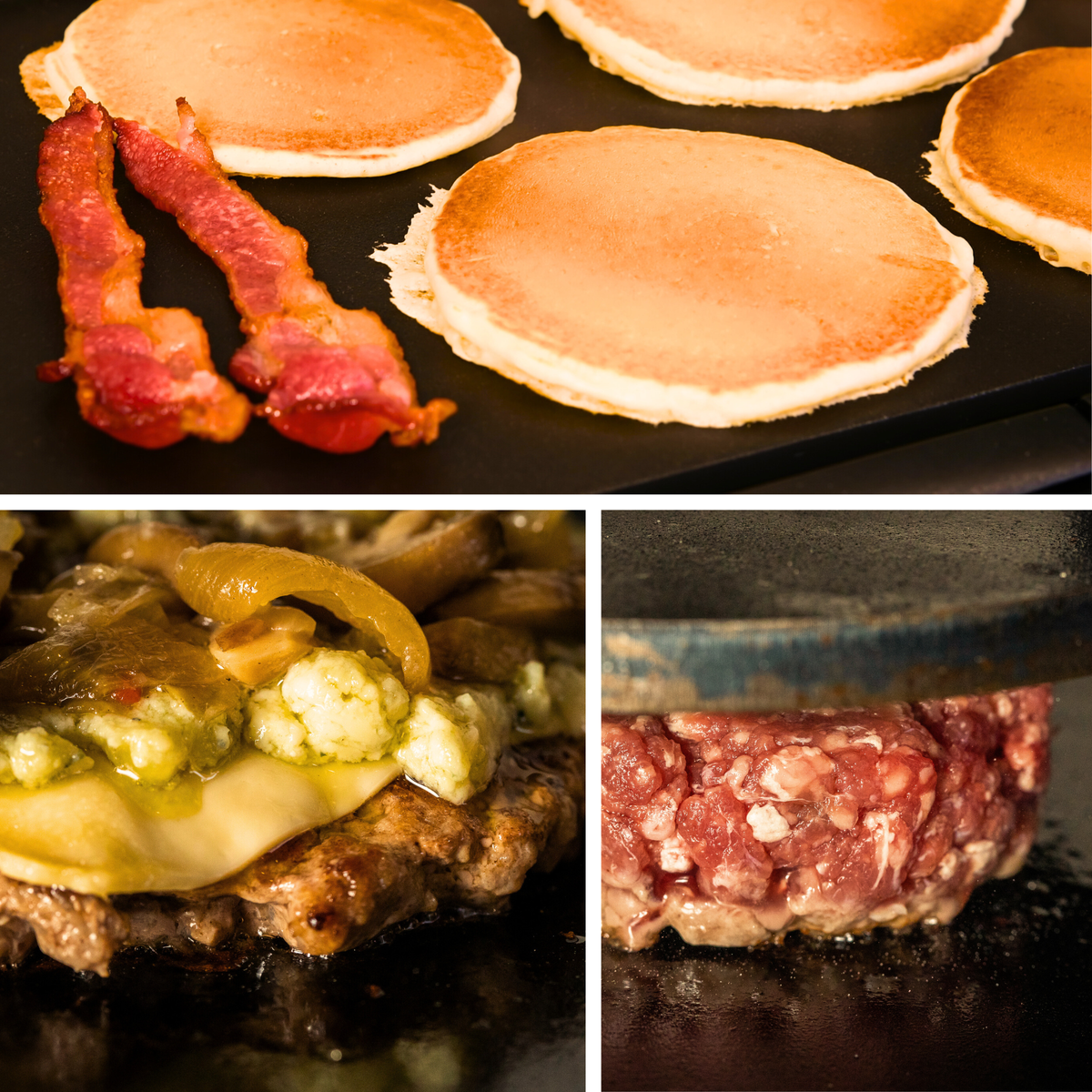 Bacon and pancakes on griddle, burger with toppings, pressing a burger on flat top grill.