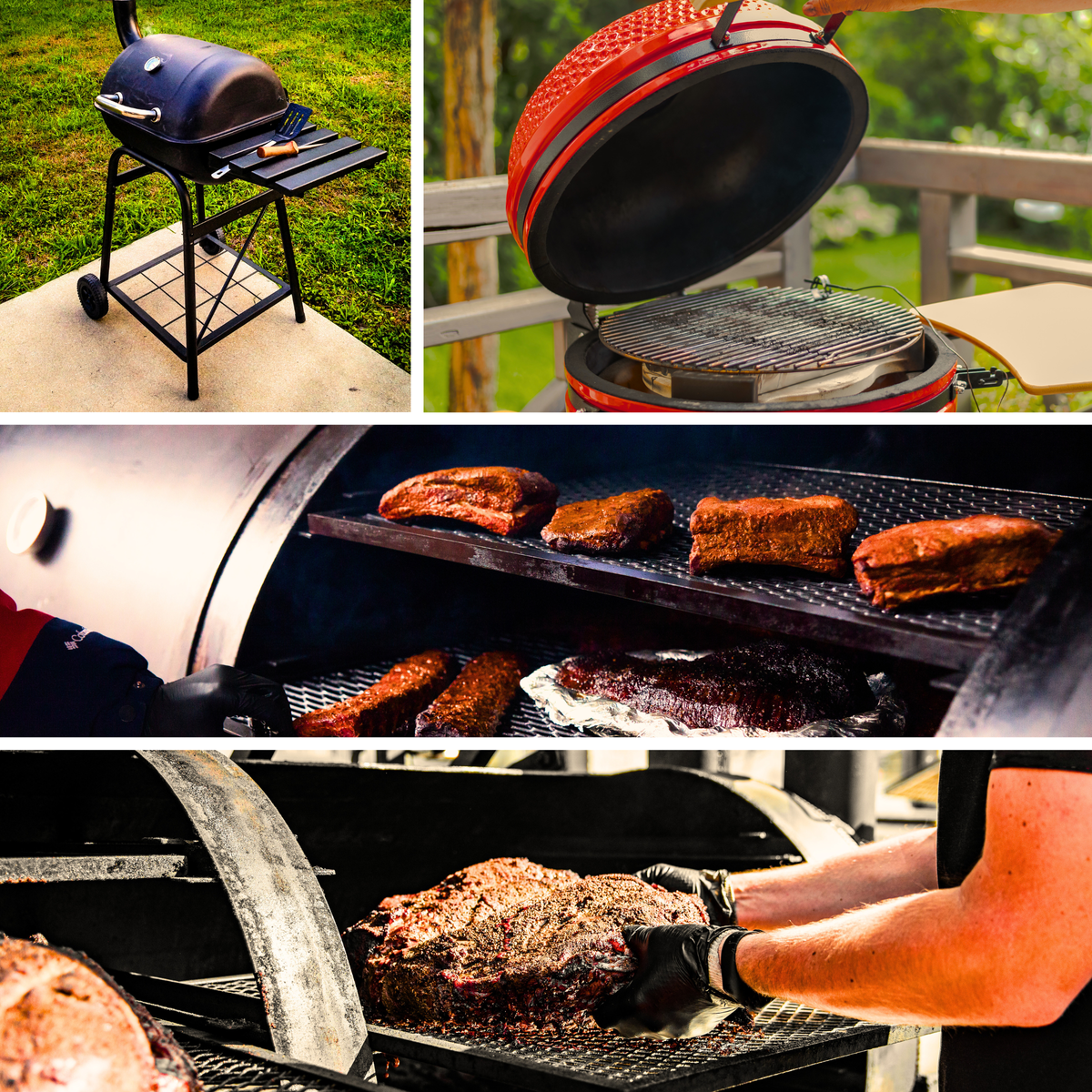 Four images of smokers and grills in operation