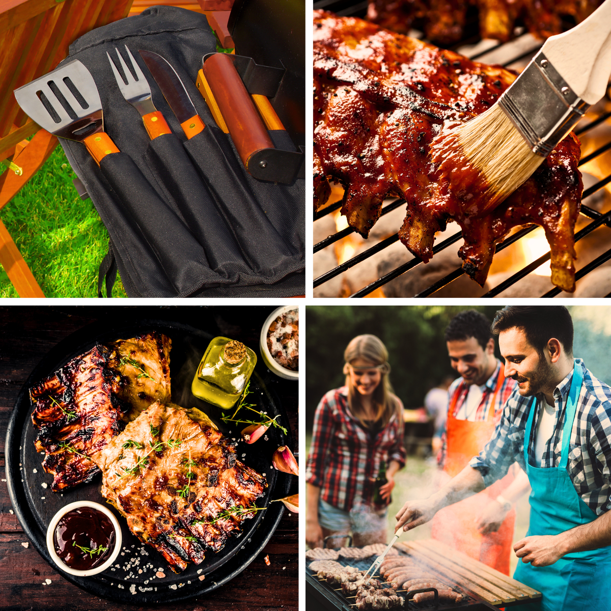 Grill tools in pouch, grill brush , friends grilling, barbecue platter