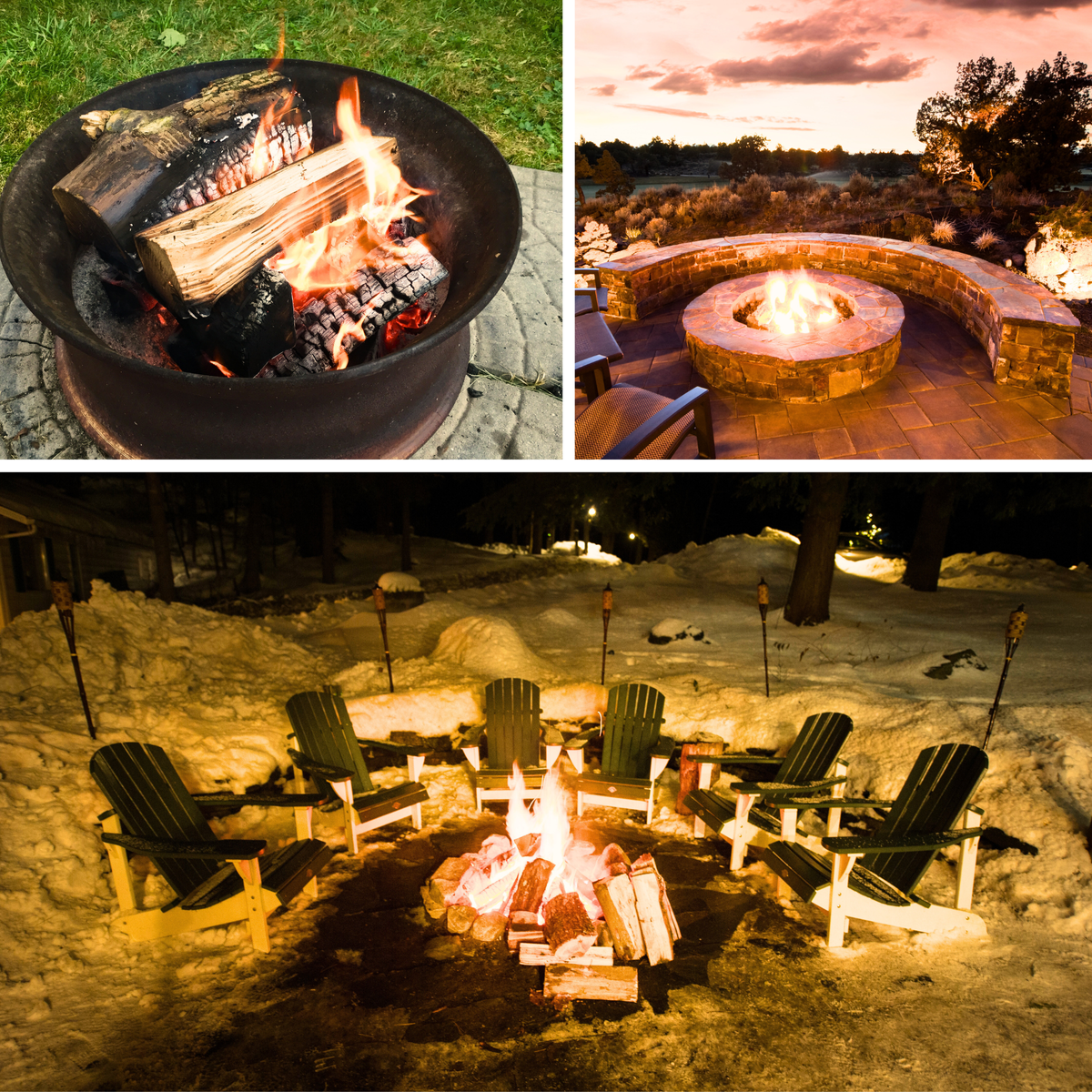 Fire pit with chairs in snow, stone seat fire pit, simple round wood fire pit