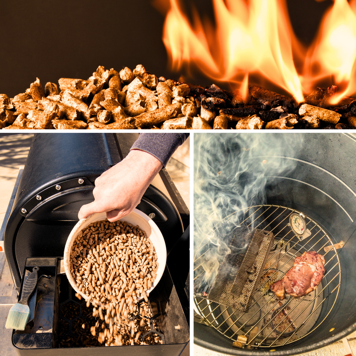 Burning cooking pellets, adding pellets to a smoker hopper and a barrel smoke box grill