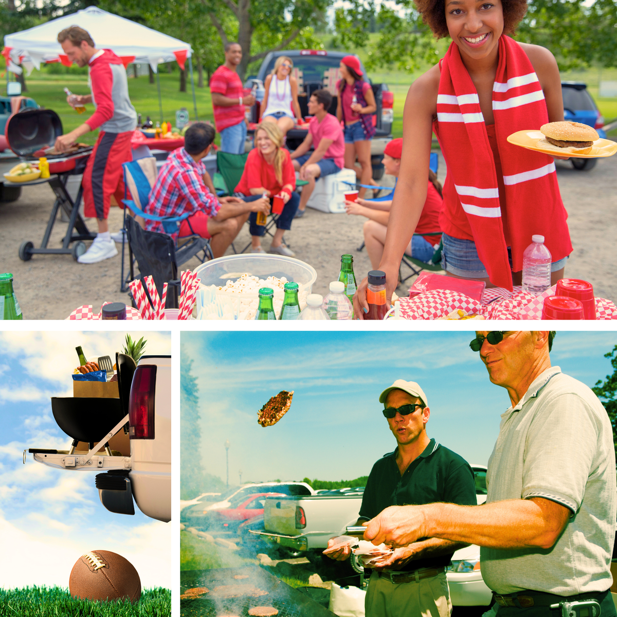 Tailgating party friends, truck tailgate with party supplies, flipping burgers at at tailgate grill
