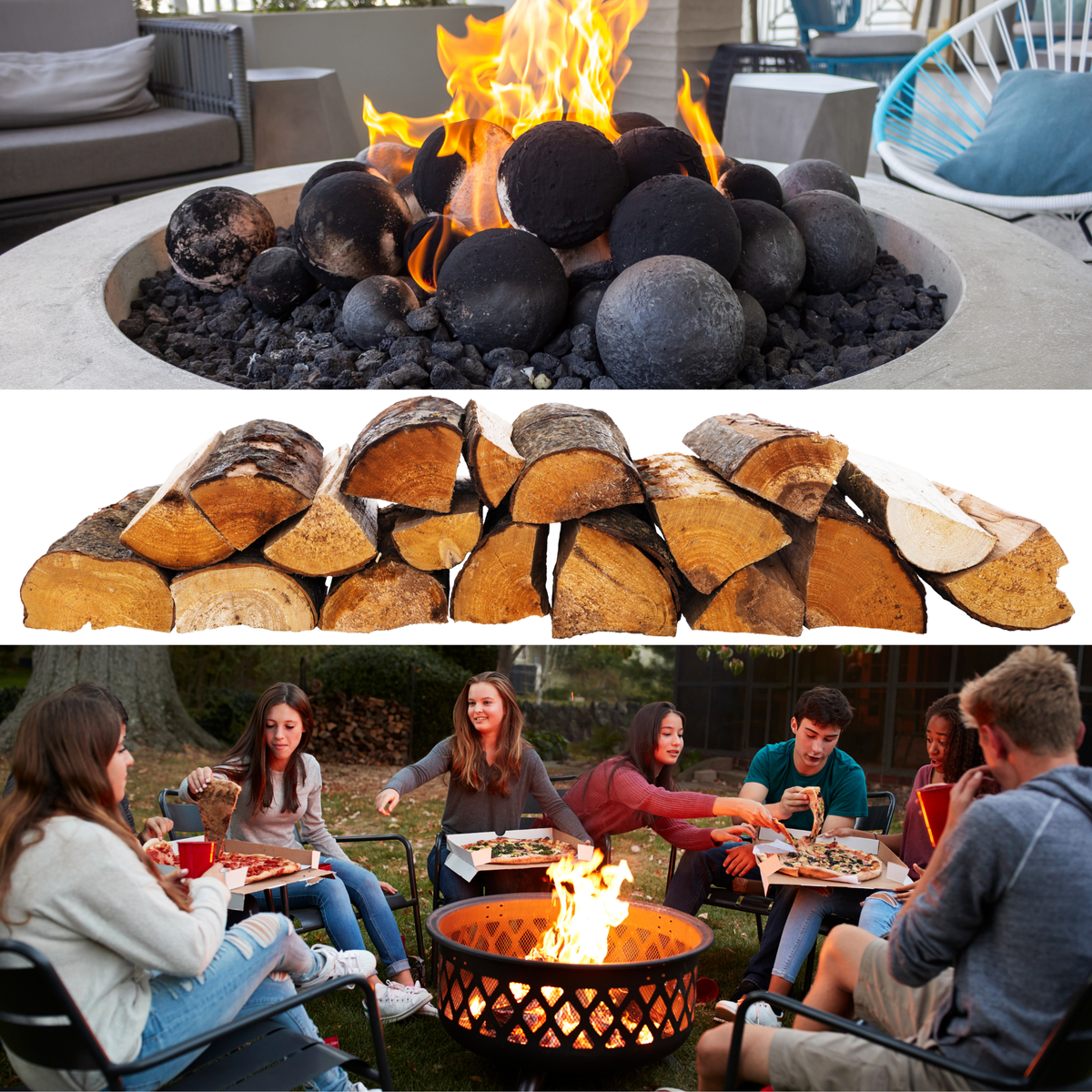 Propane Fire Pit, Wood Stack, Wood Burning Fire Pit with friends.