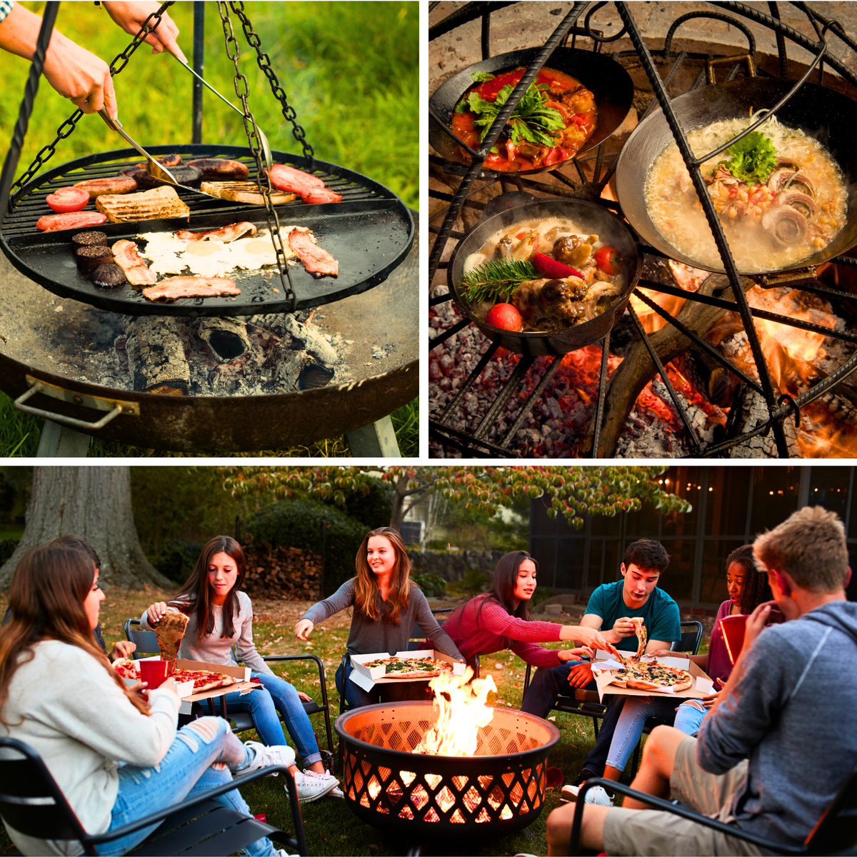 Three pictures of food cooking over fire pits and people enjoying camaraderie