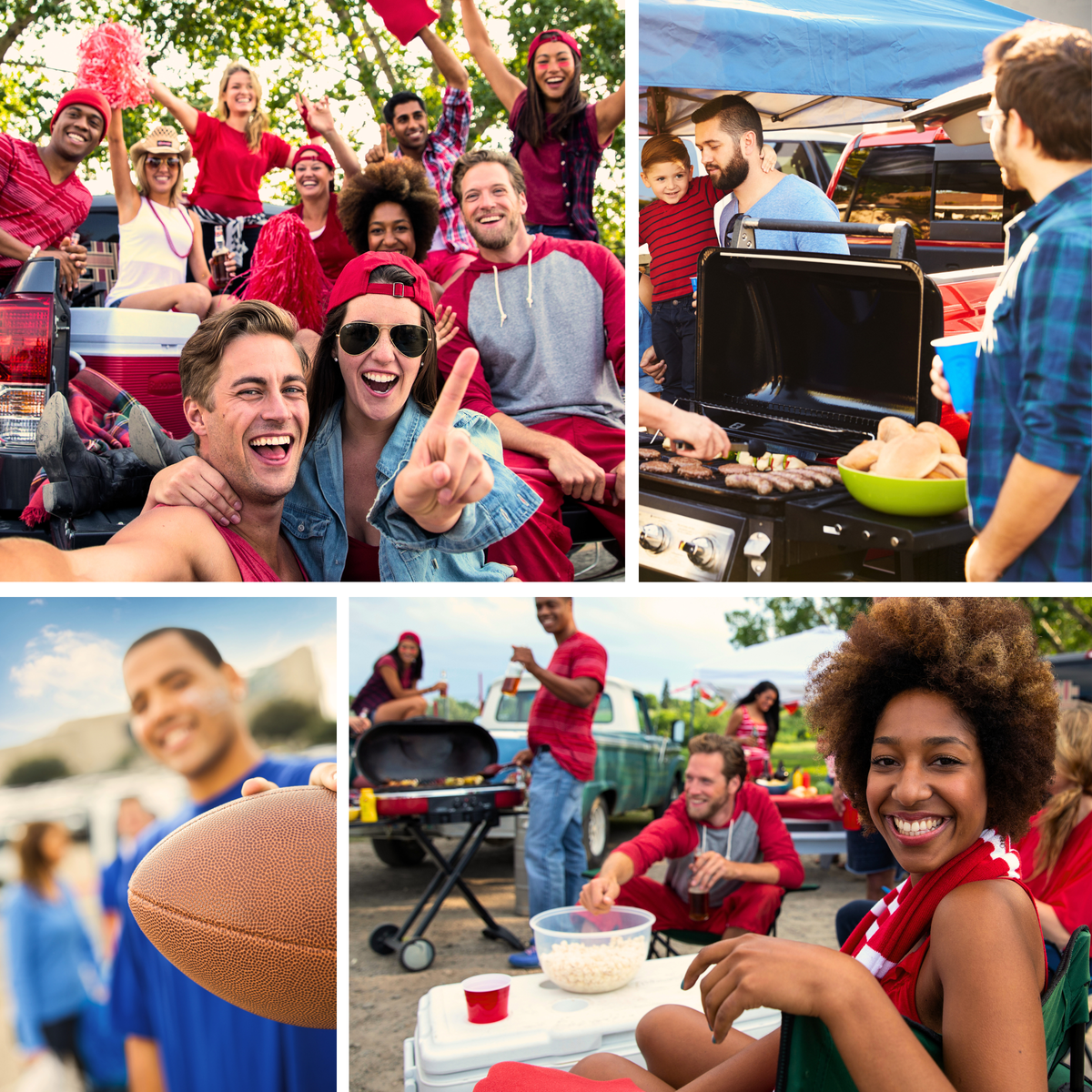 Four scenes of friends and fans partying at tailgate in parking lot.