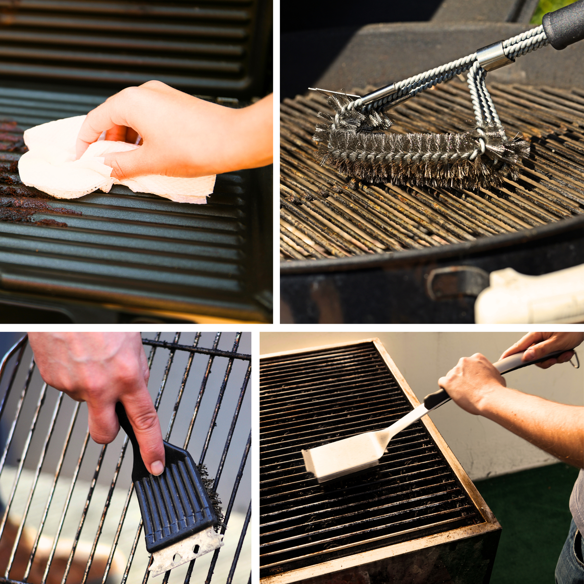 $ Pictures of people cleaning grill grates with different brushes and tools