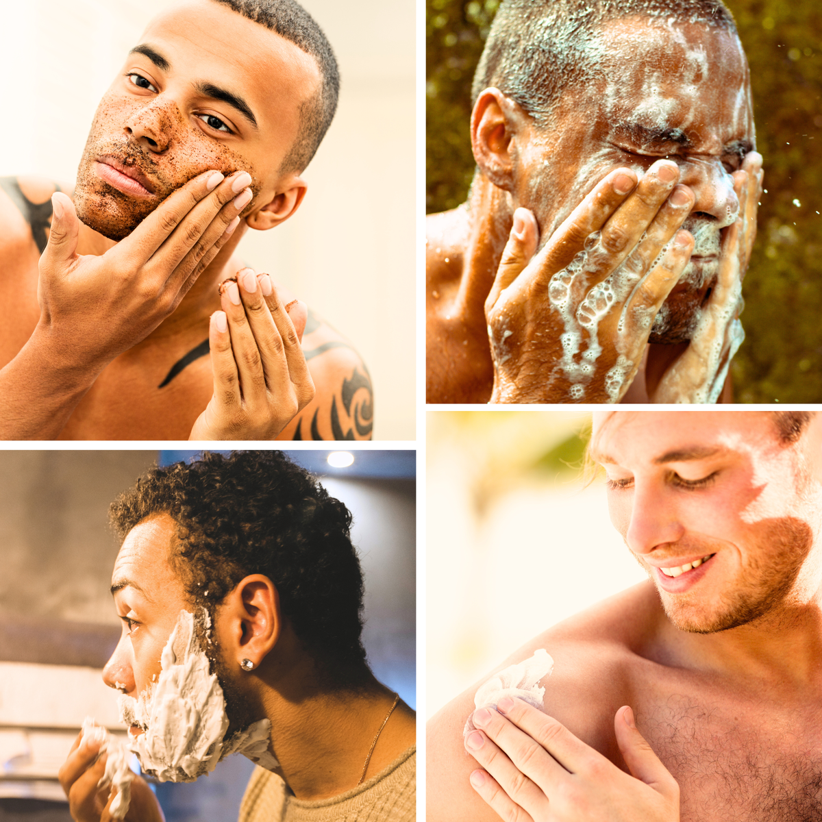 Men in different stages of facial skin care, washing shaving exfoliating sunblock