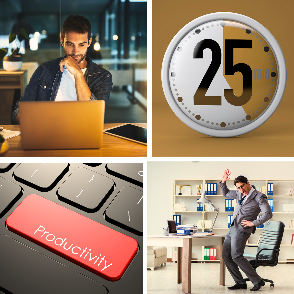 Man working on laptop, 25 minute timer, productivity reminder, man taking break at the office