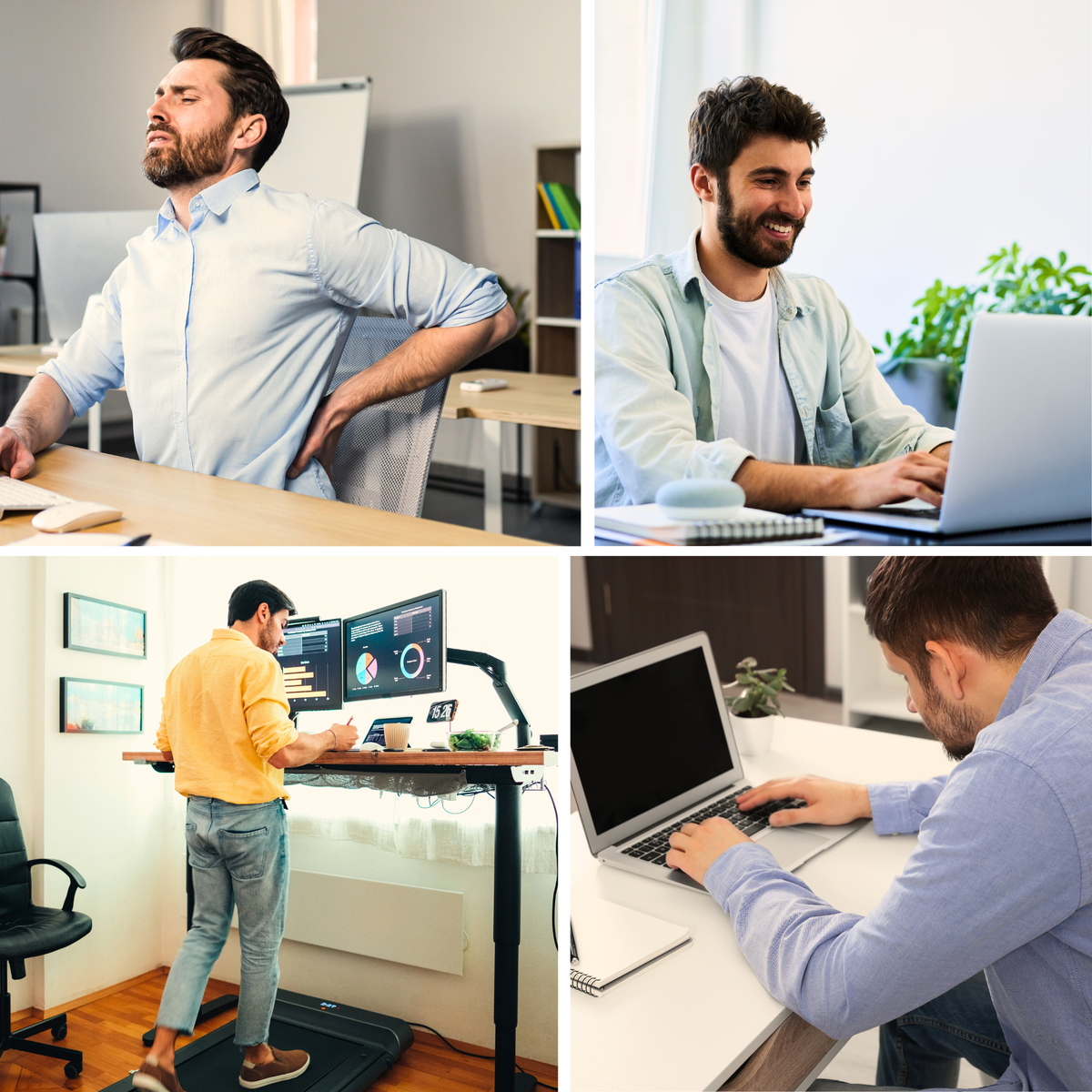 Man with hurting back at desk, man with proper posture, man with stand up desk, man slouching at desk