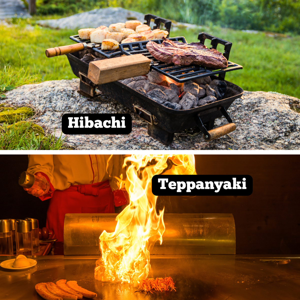 Hibachi grill with meats, Chef  performing with onion volcano at teppanyaki grill