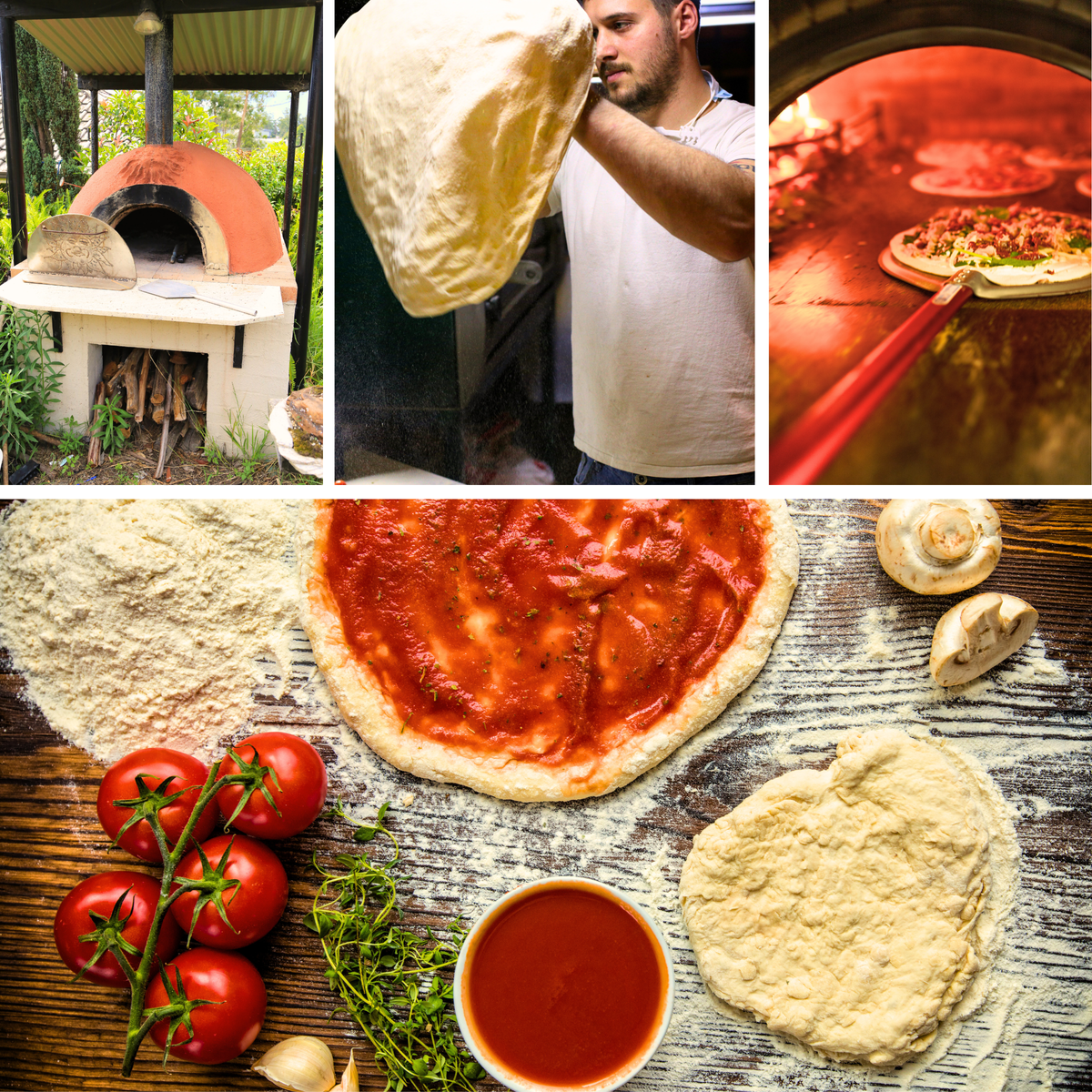 Outdoor Pizza Oven, Tossing Pizza dough, using pizza peel for oven, pizza making ingredients