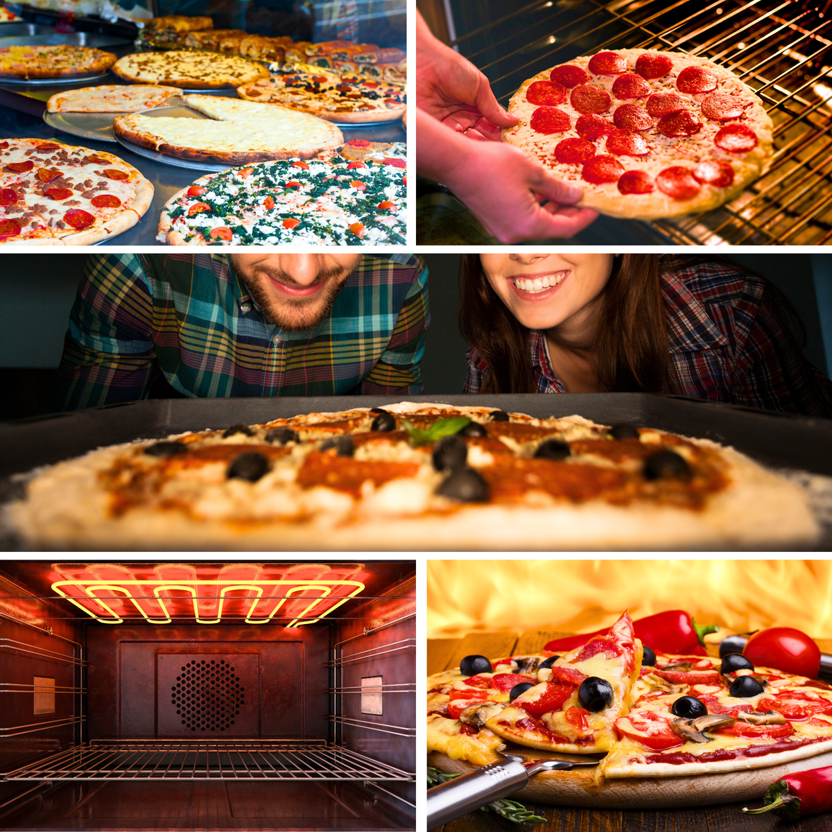 Pizzas from indoor pizza oven, couple looking at pizza cooking, electric pizza oven, pizza in wood fired pizza oven.