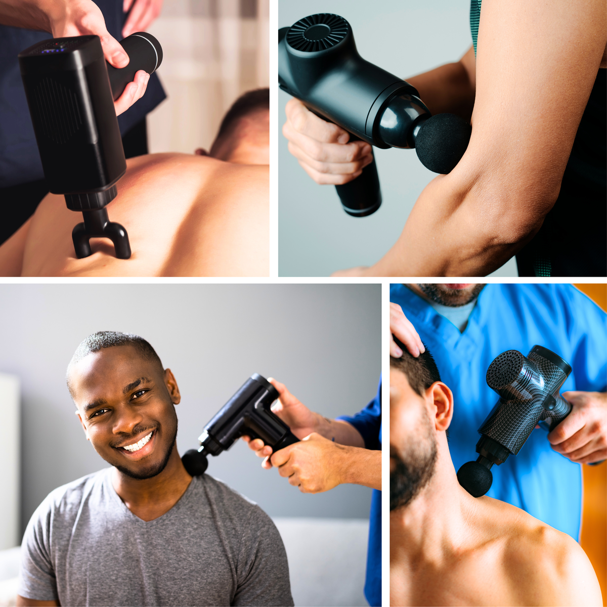 Using massage gun on back, using massage gun on arm muscle, having a massage gun treatment