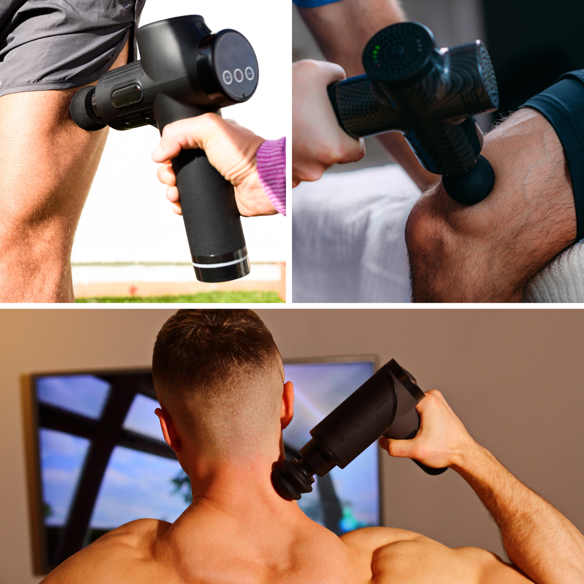 Using massage gun on thigh muscles, and neck muscles