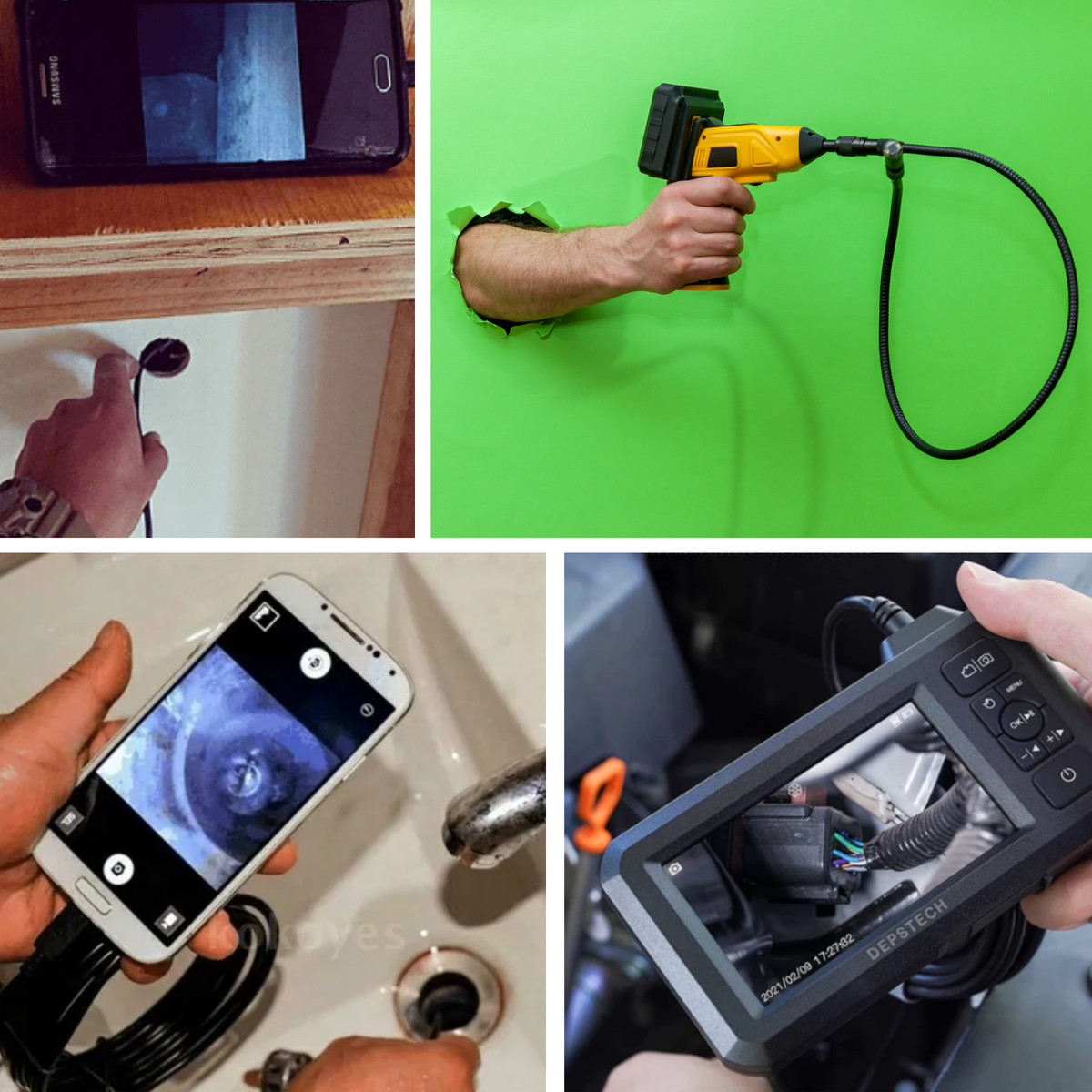 Wireless endoscope camera, inspection camera, using wireless inspection camera to see down sink pipe and car engine