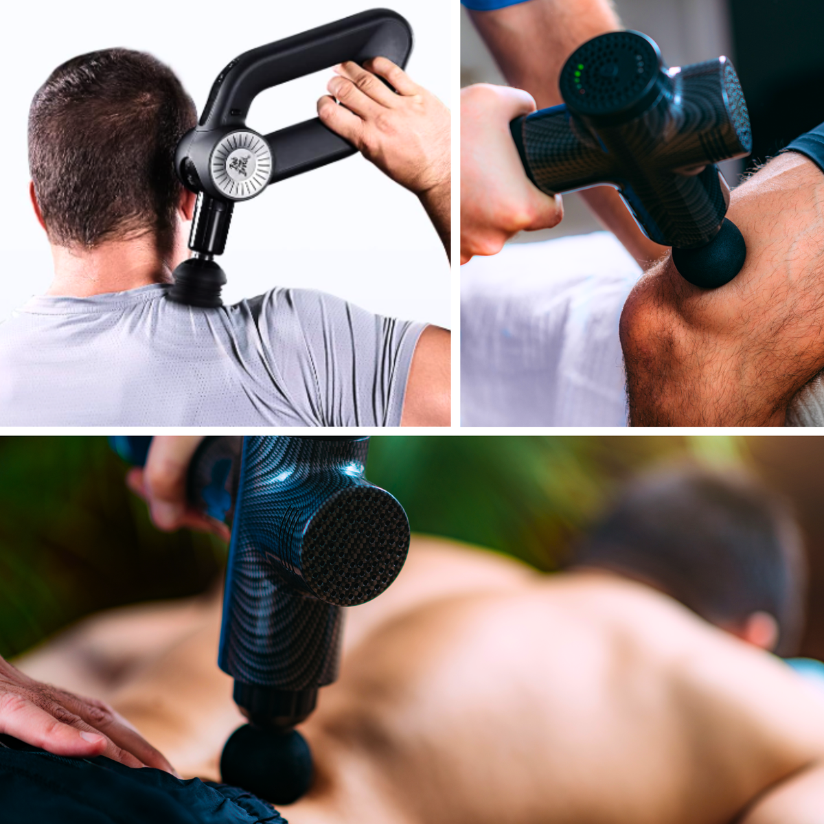 Using massage gun on neck, massage gunning knee, massage gun on lower back