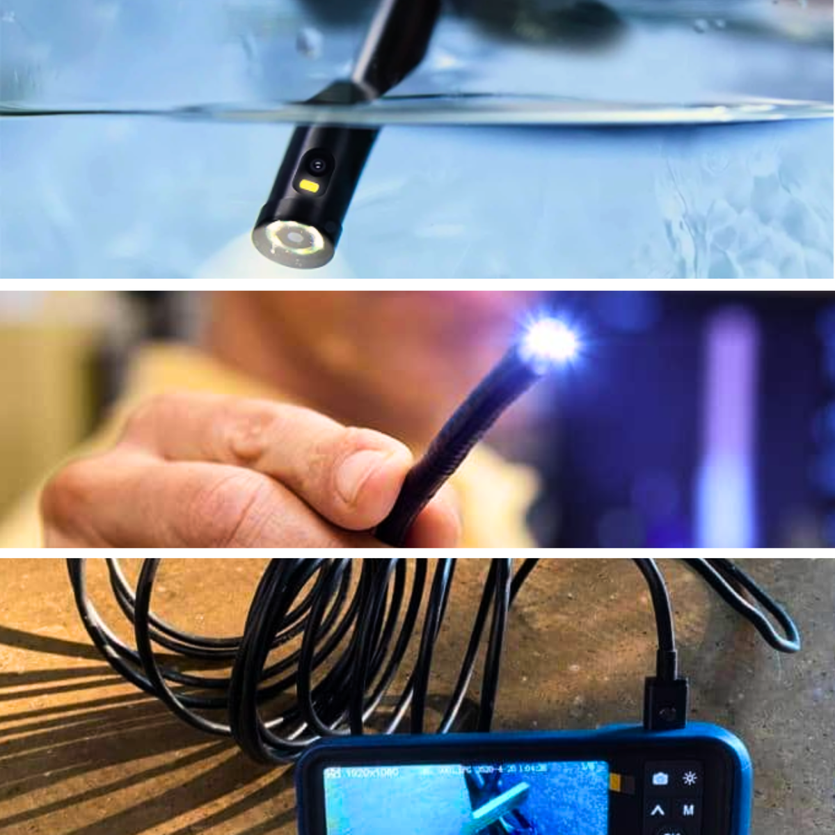 Underwater endoscope camera, endoscope with LED lights, smartphone linked to endoscope camera