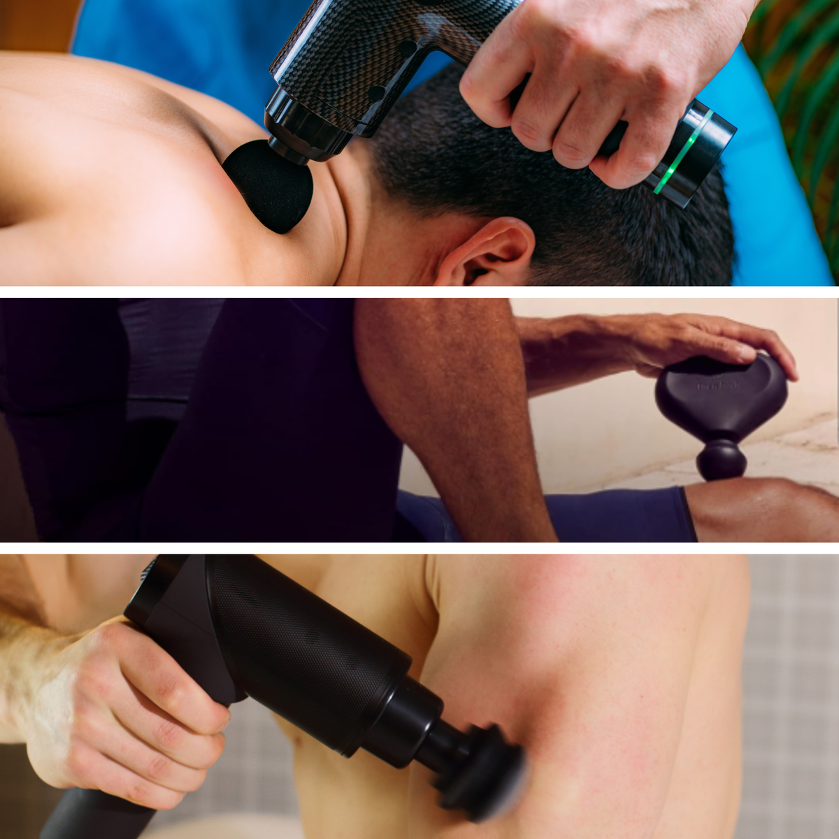 Massage gun being applied to shoulder, thigh and biceps