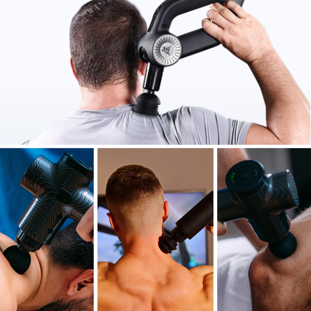Four images of using a massage gun on a neck, shoulder, back and thigh