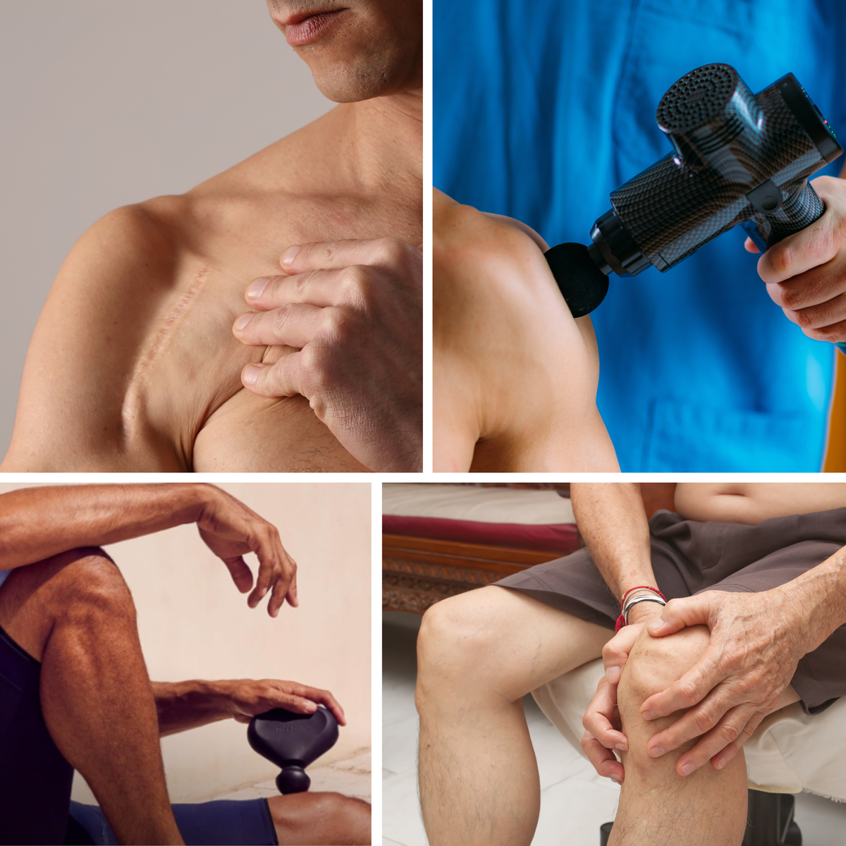 Man with shoulder scar, therapist using massage gun, man using massage gun on thigh, knee with surgery scar