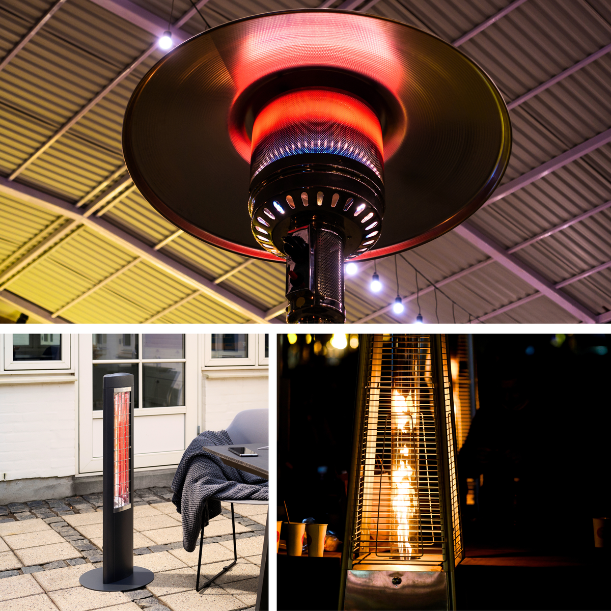 An traditional propane patio heater, and eletric patio heater and an open flame gas patio heater