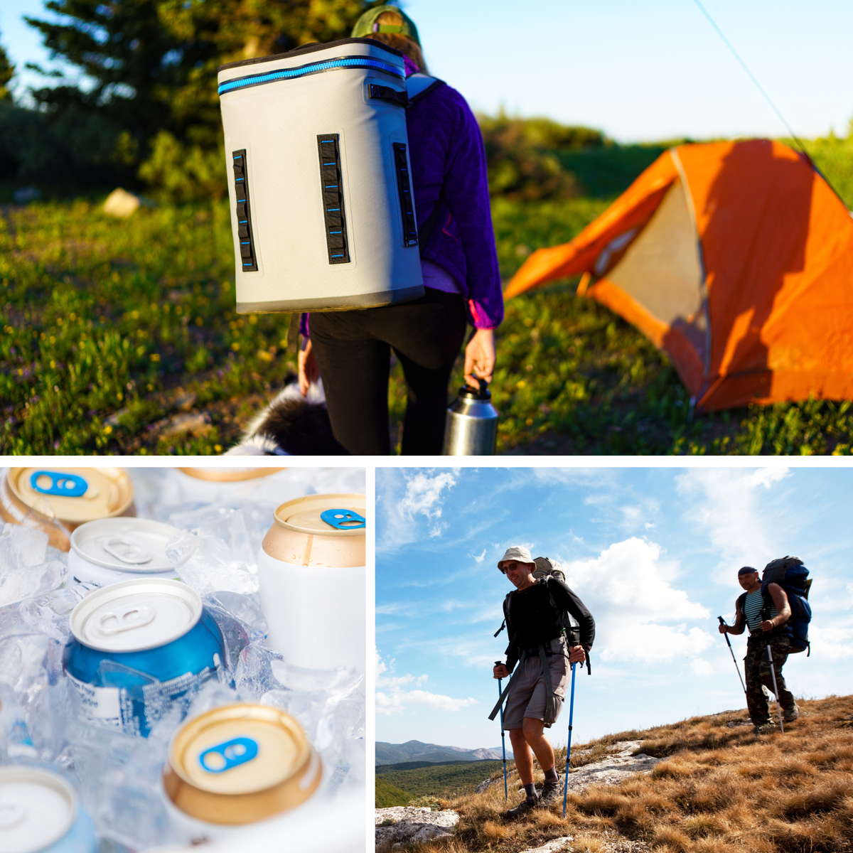 person carry backpack cooler, men hiking, cooler filled with icy beers.