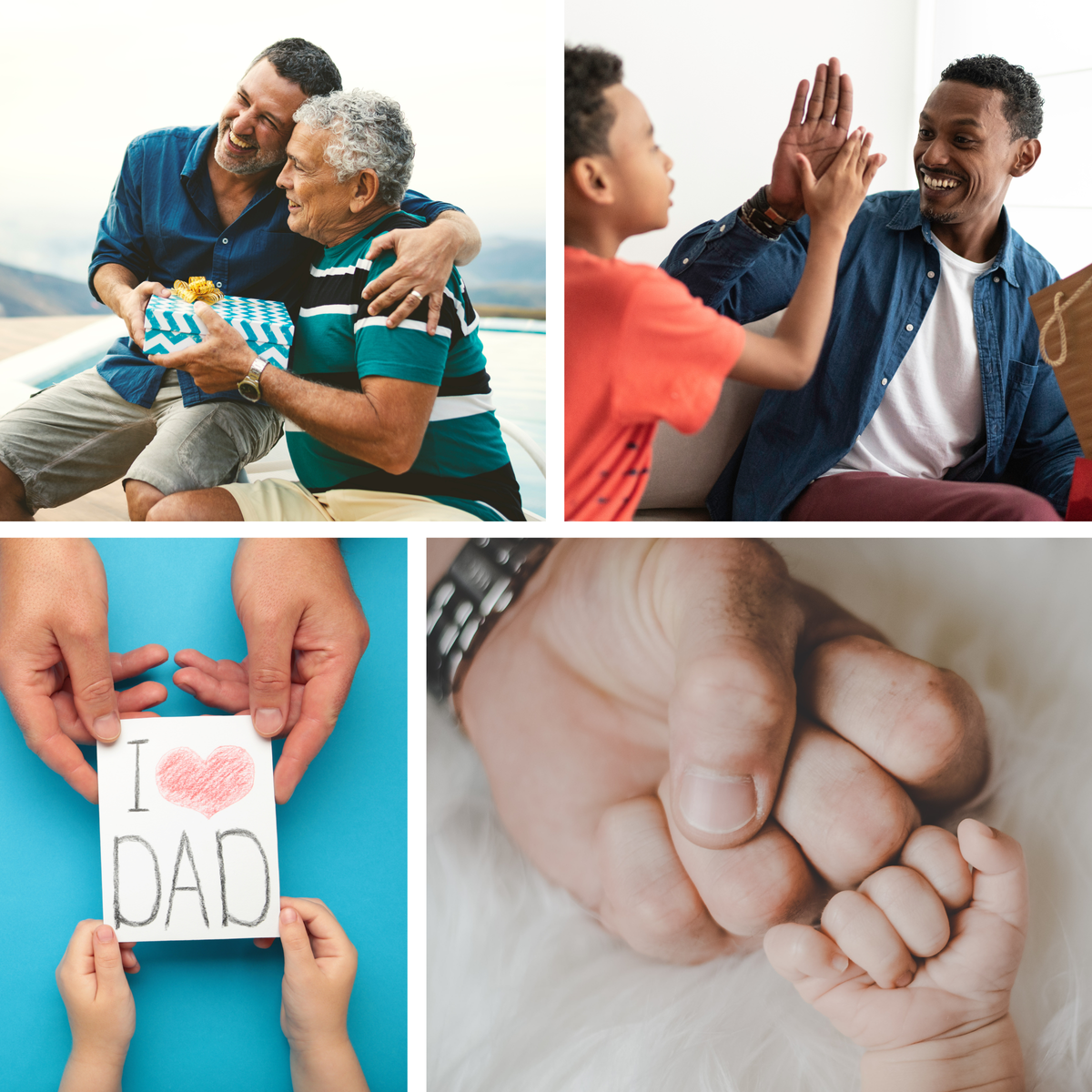adult man with father, young man and son, new dad fist bumping baby hand, kid giving dad Father's Day card.