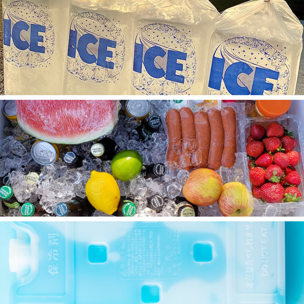Bags of block ice, cooler filled with ice and provisions, plastic ice pack block.