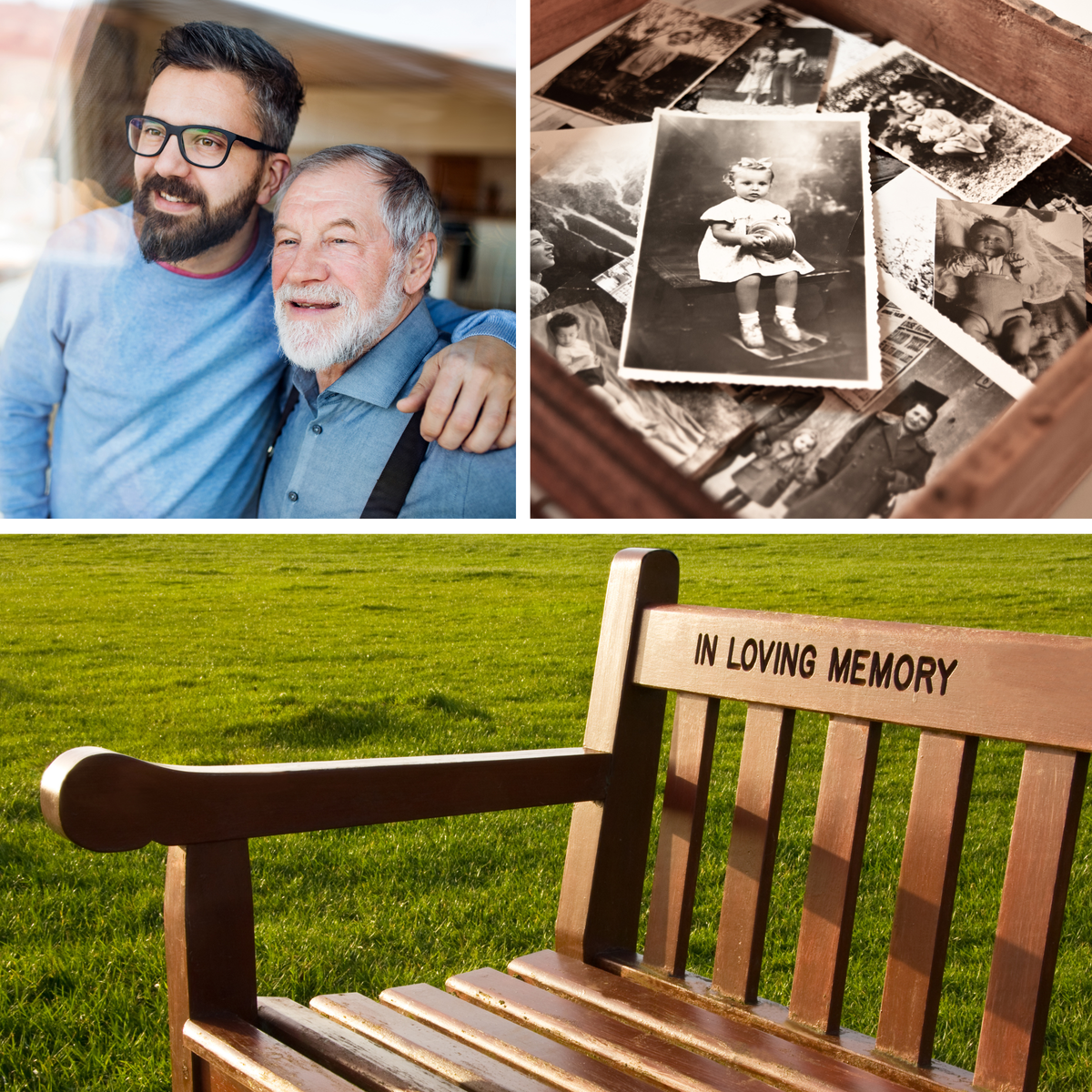 Man with dad, keepsake photos, memorial bench.