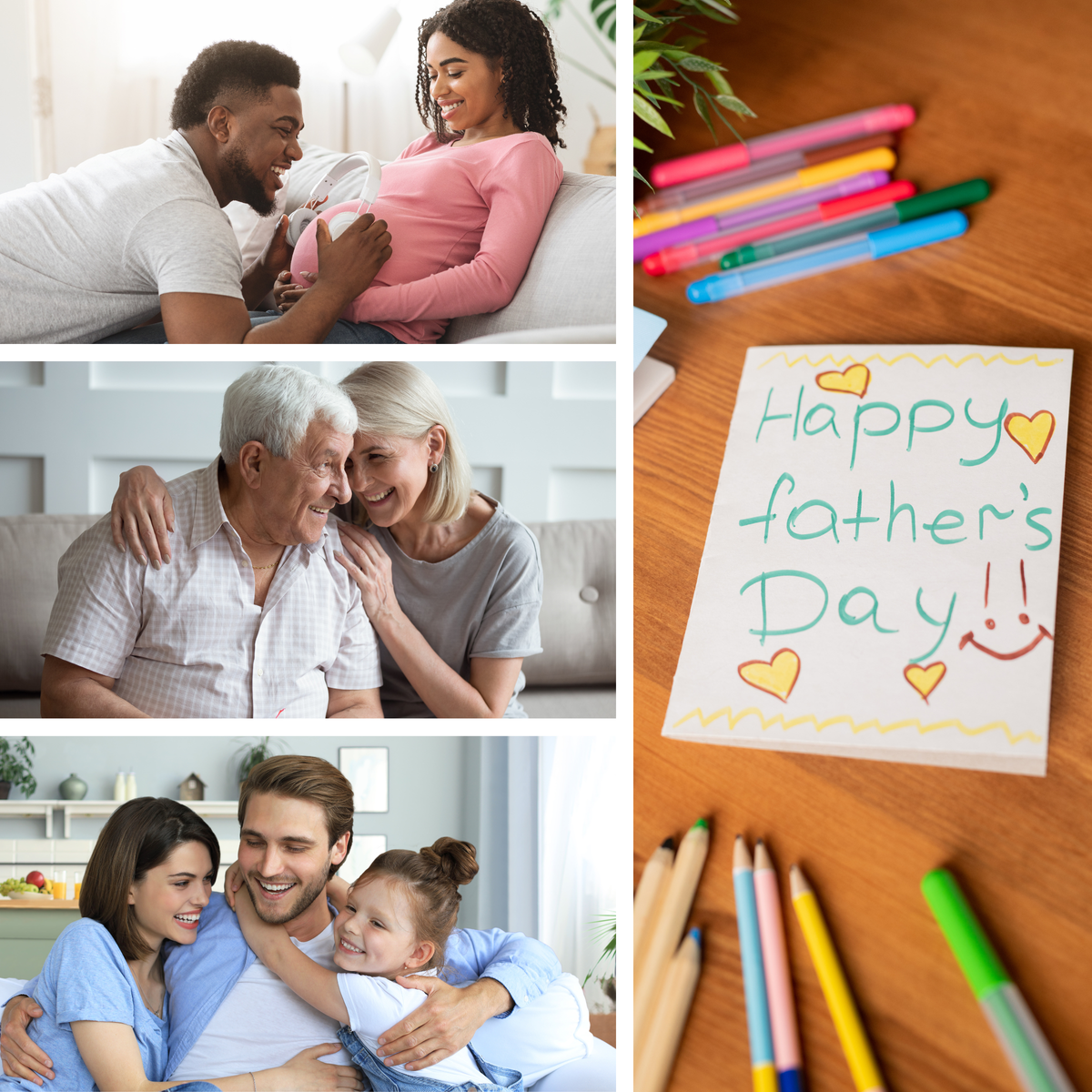 Dad with expecting mom, older wife and husband, young family embracing, handmade Father's Day card.