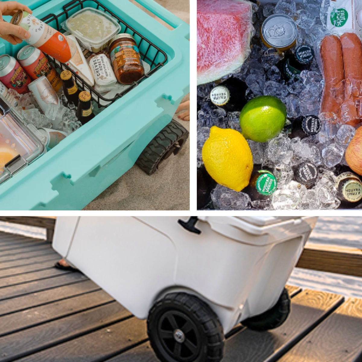 wheeled cooler on beach, cooler packed with ice and foods, wheeled cooler on boardwalk