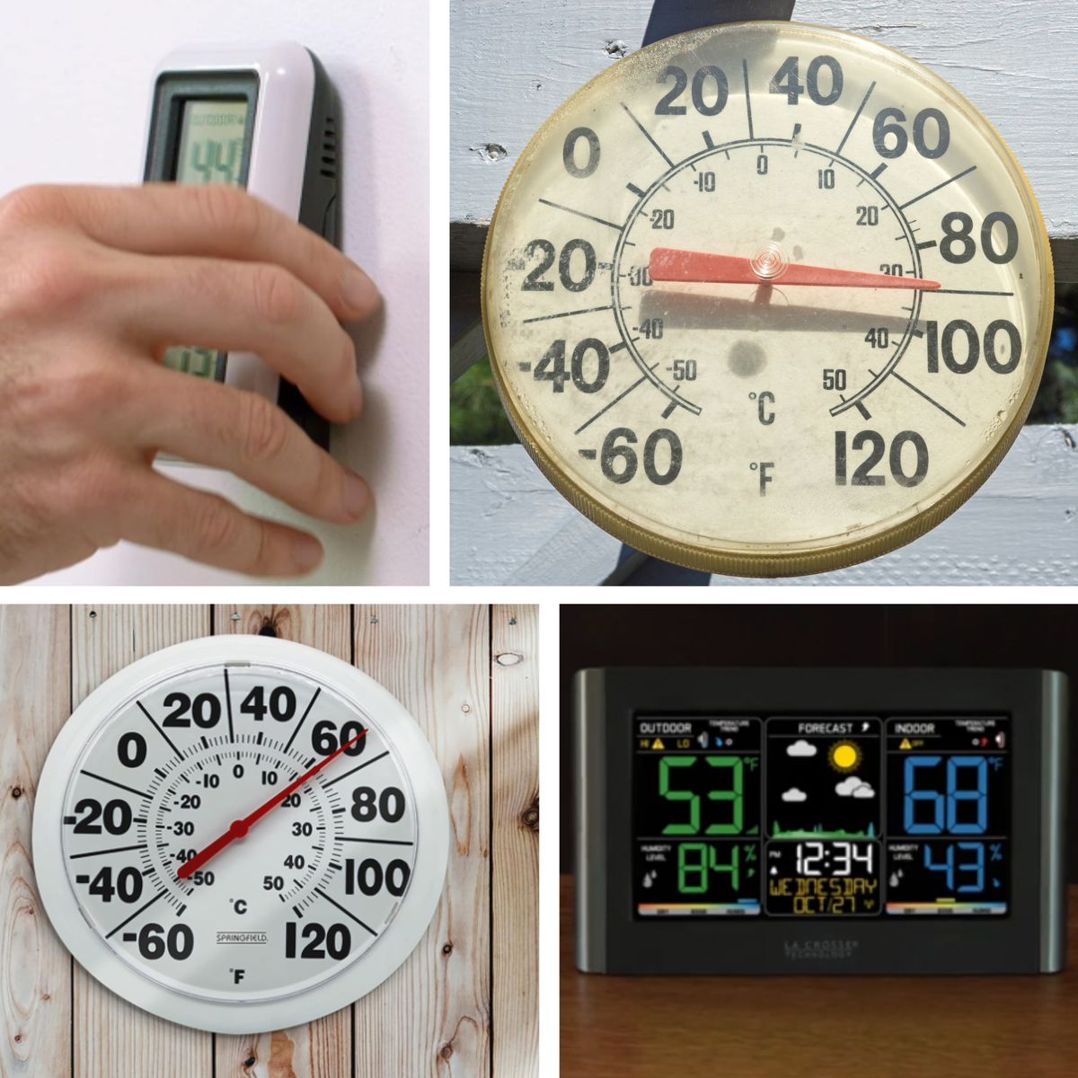 simple digita i/o thermometer, 2 analog dial thermometers and a color display weather station.