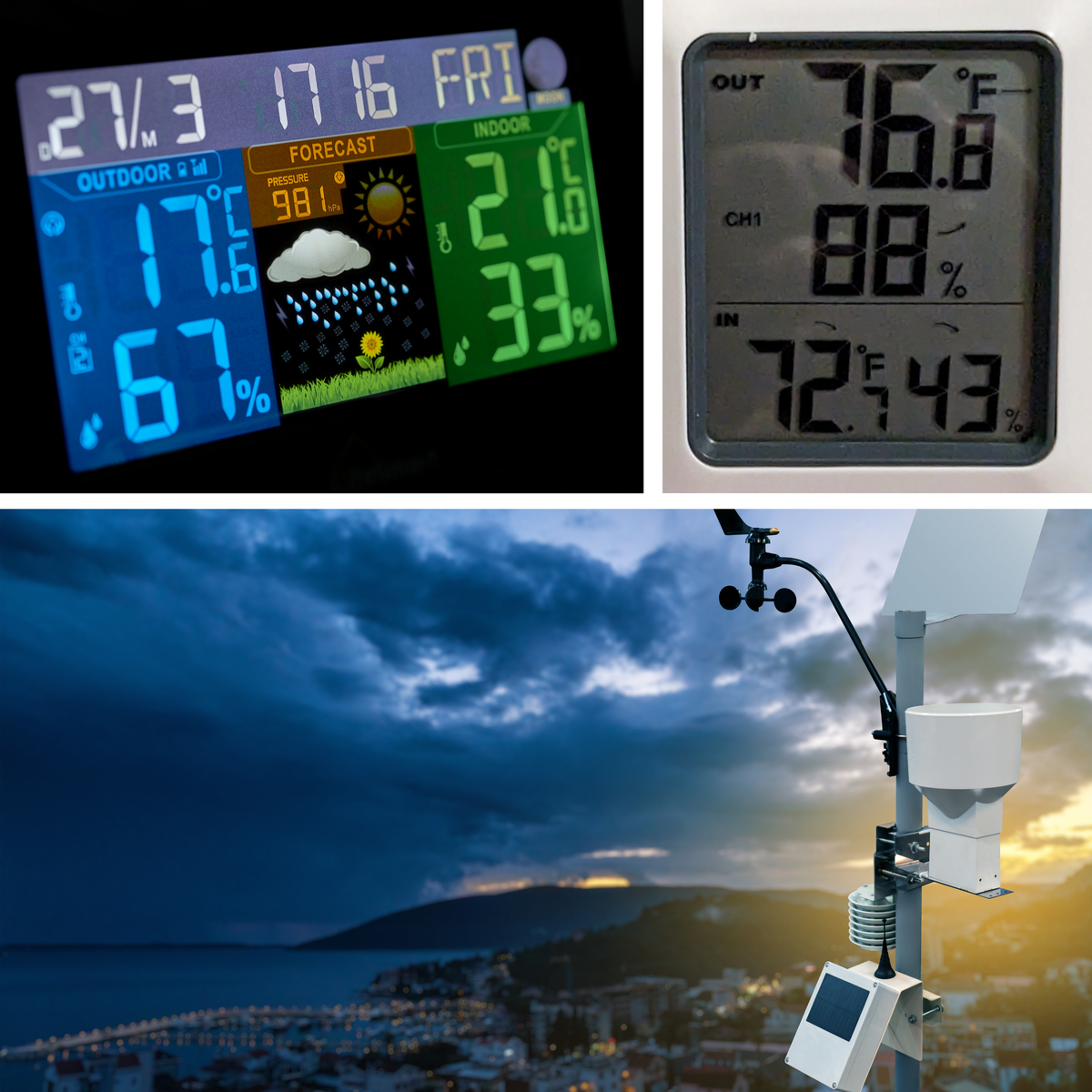 Home weather station screen, indoor outdoor thermometer, weather station above a city